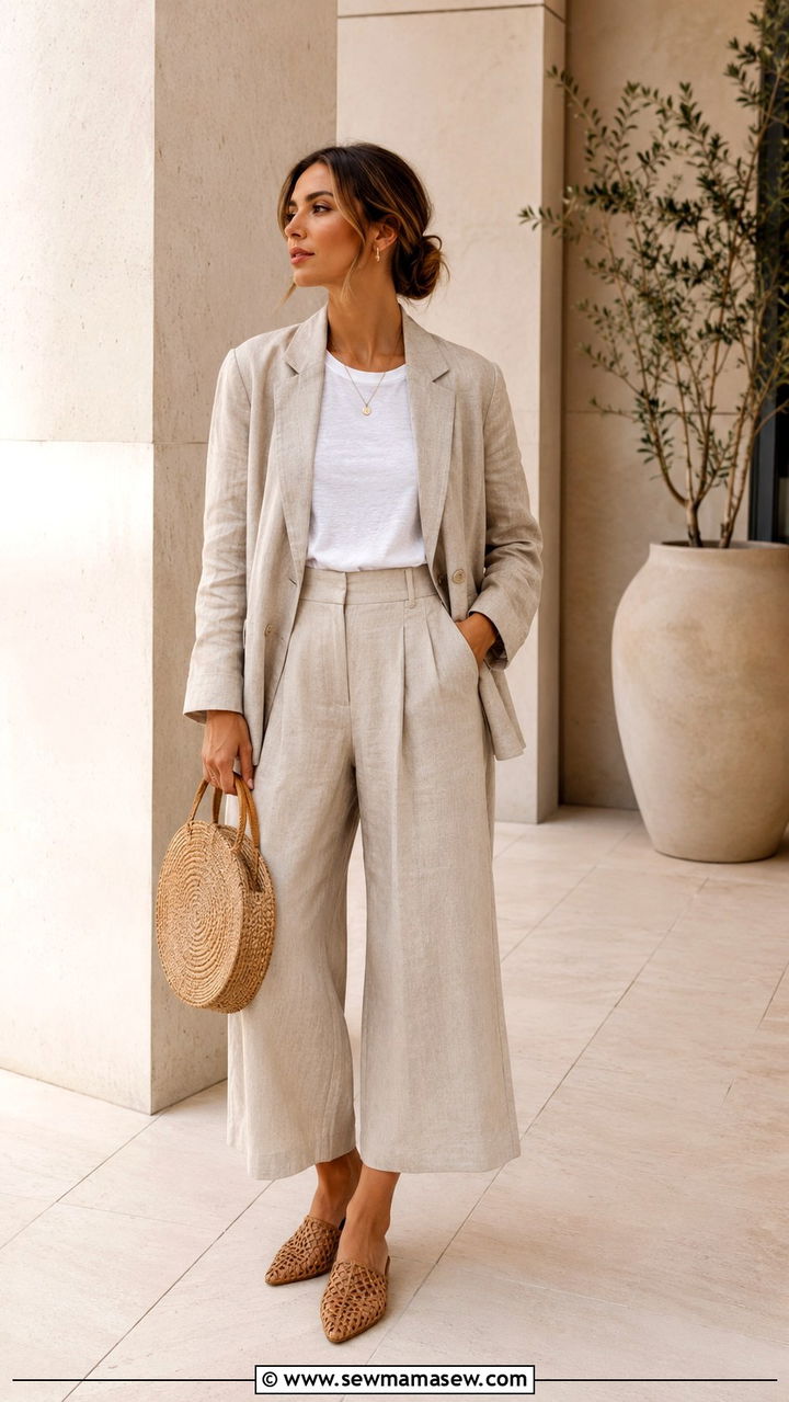 Stone Linen Blazer with White Tee and Linen Culottes - 30 Linen blazer outfit ideas with a t-shirt