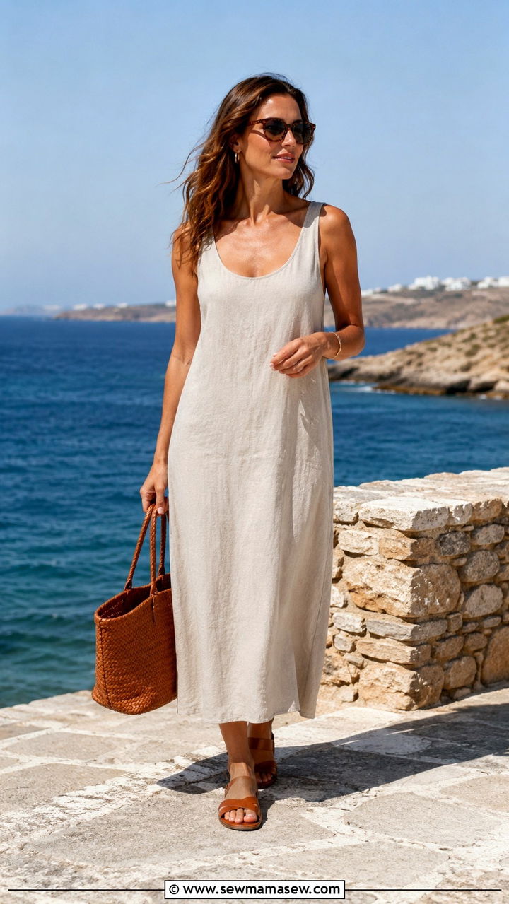 Stone Linen Midi Dress with Tan Leather Sandals - 30 quiet luxury outfits aesthetic