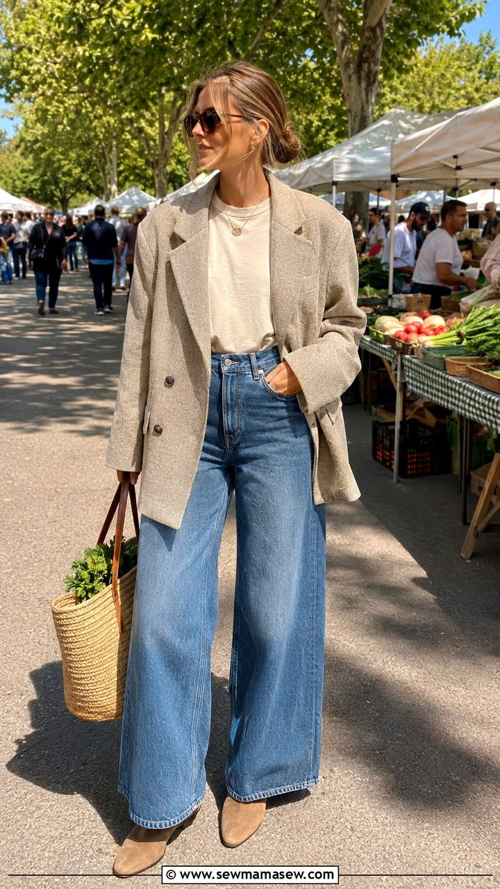 Stone Oversized Blazer With Neutral Tee and Wide Leg Jeans - 30 Oversized blazer outfit ideas with a t-shirt