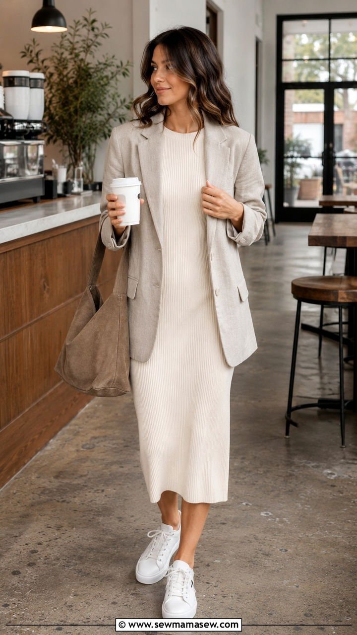Stone linen blazer with ribbed knit dress - 30 Linen blazer outfit ideas with a dress
