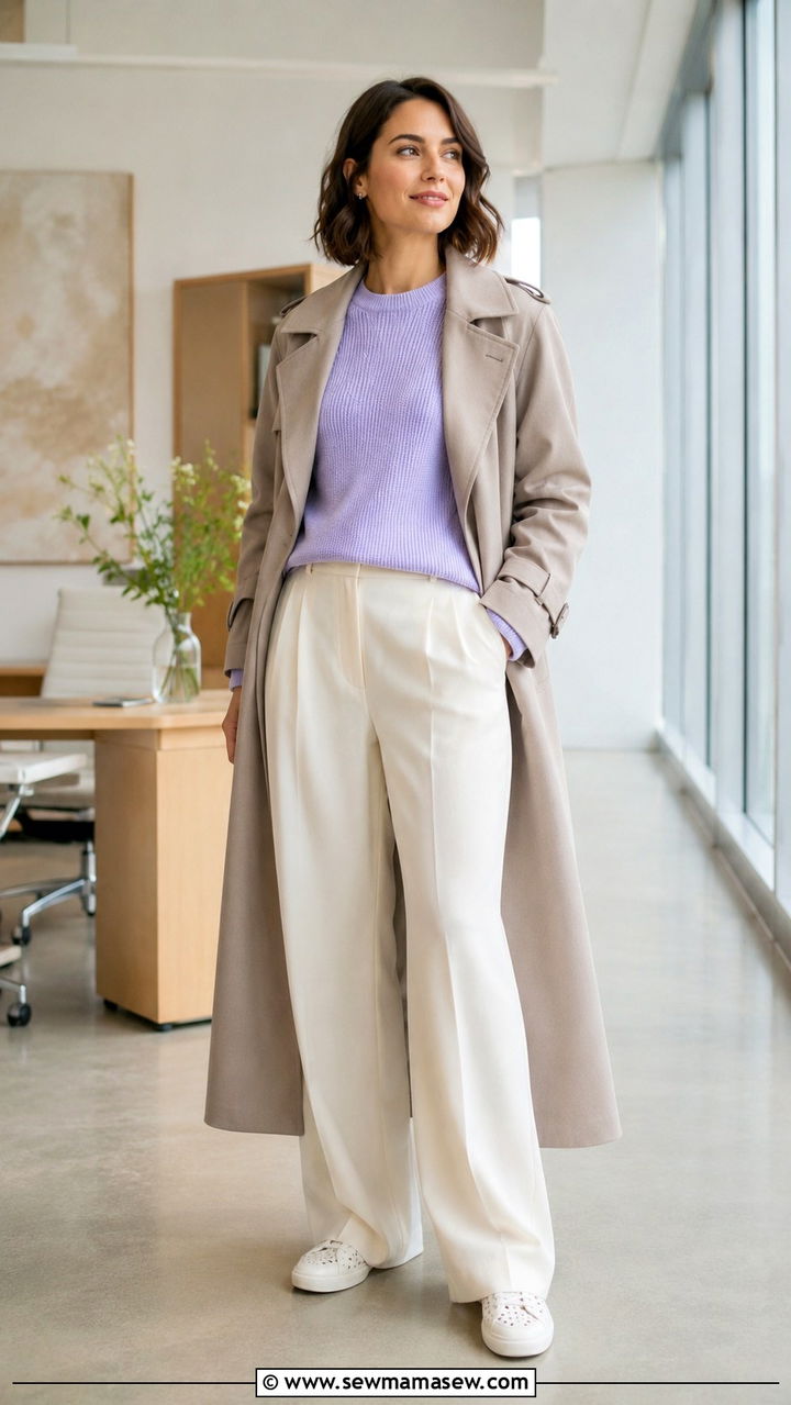 Stone trench coat with a pastel knit and wide leg cream trousers - 30 Long trench coat outfit ideas with sneakers