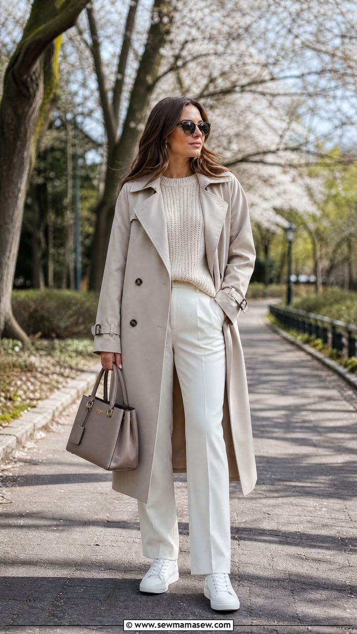 Stone trench coat with oatmeal knit - 30 Muted color outfit ideas