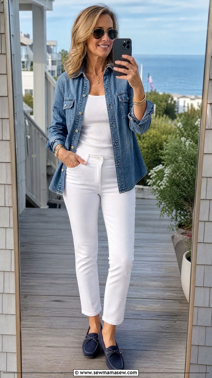 Stonewashed denim shacket with white slim cut trousers - 30 Elevated casual outfit ideas for women over 40