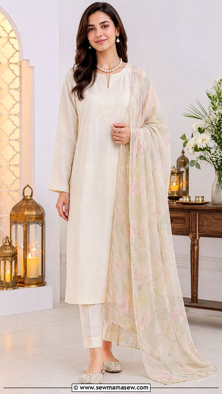 Straight Cut Salwar Suit with Pearl Jewelry - 20 Modest outfit ideas for iftar