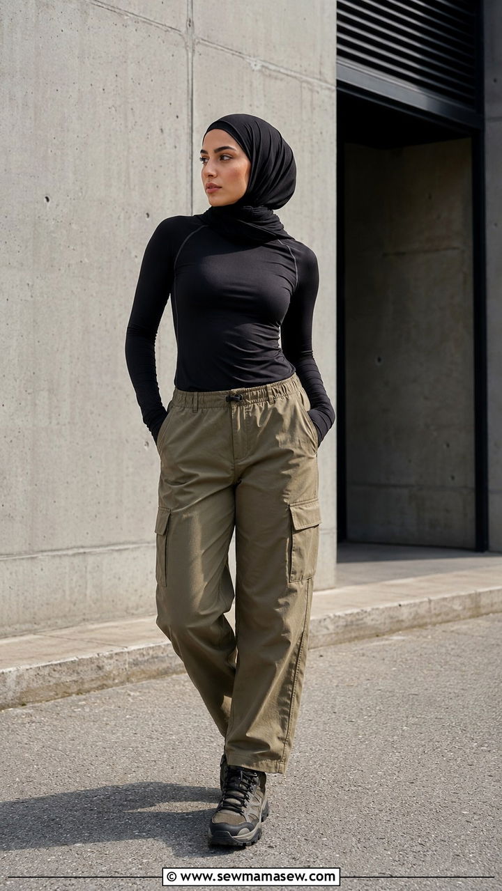 Straight Leg Cargo Pants with Compression Long Sleeve - 25 Modest gym outfit ideas with hijab