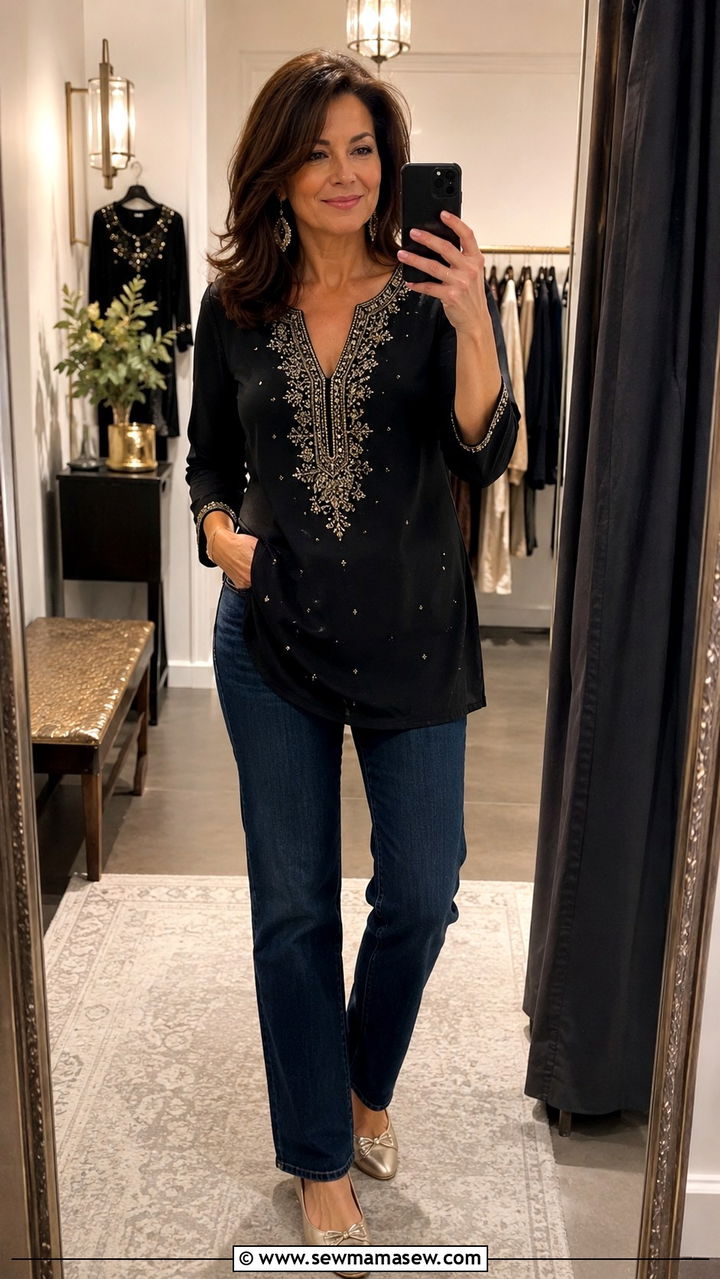 Straight Leg Dark Jeans With Embellished Tunic - 25 Apple shape outfits for women over 40