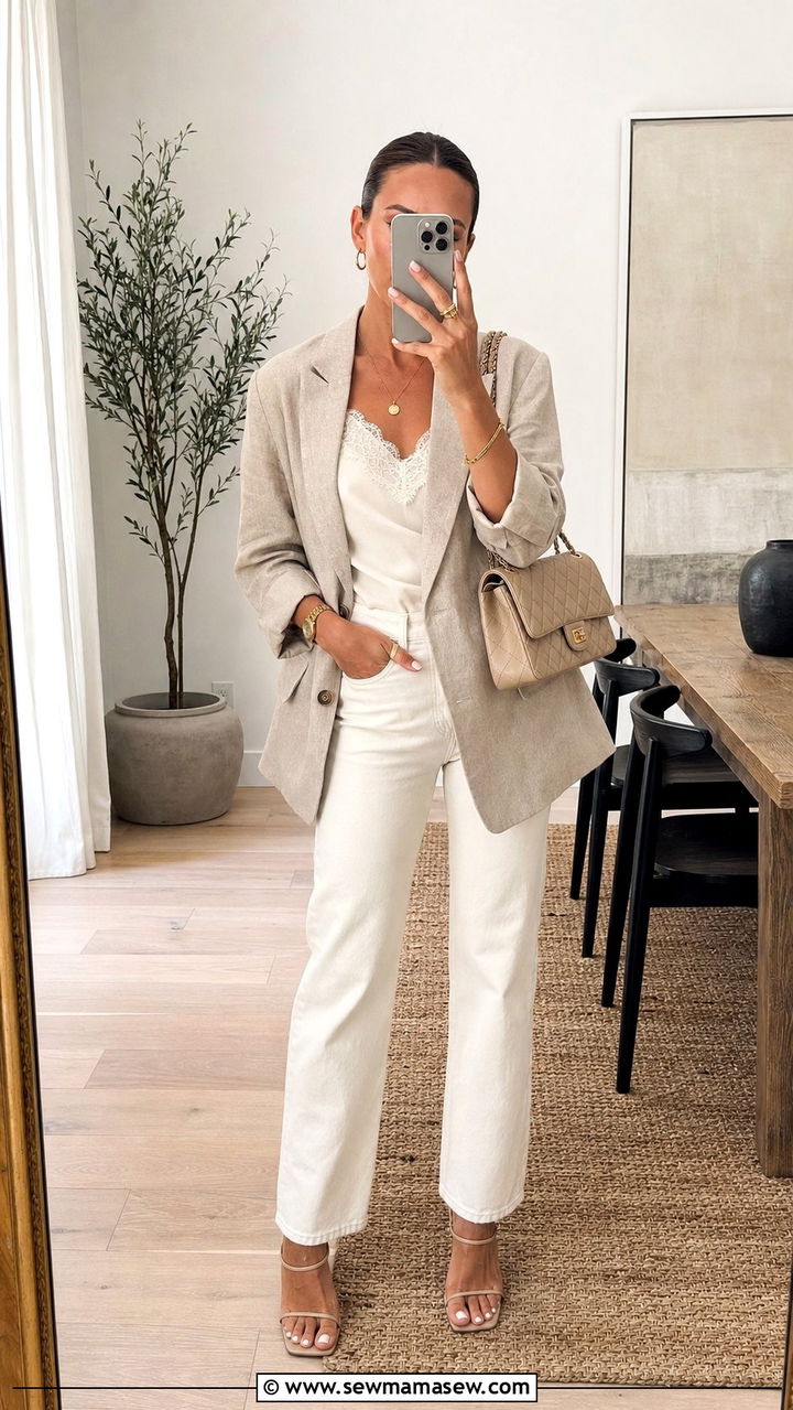 Straight Leg Ecru Jeans with Lace Camisole and Oversized Blazer - 25 Dressy casual summer outfit ideas 2026