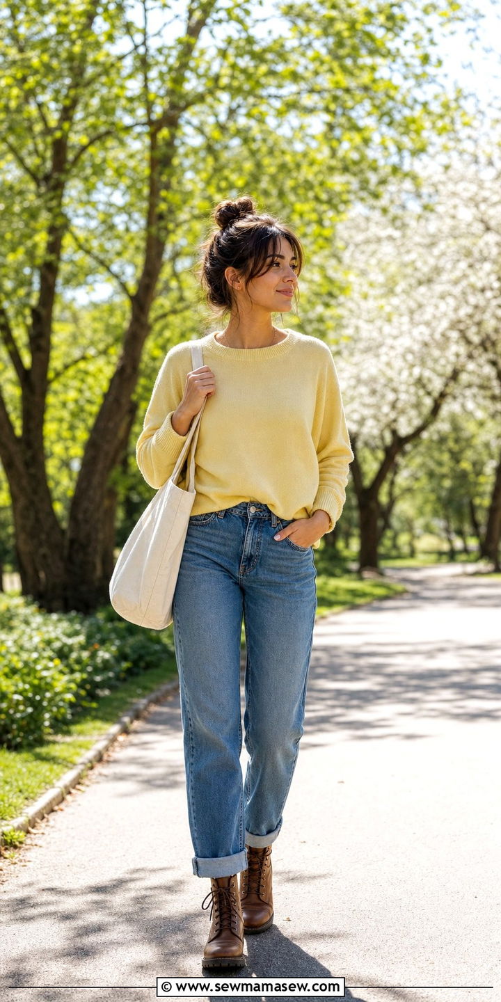 Straight Leg Jeans And Lightweight Sweater With Combat Boots - 25 Spring outfits with combat boots