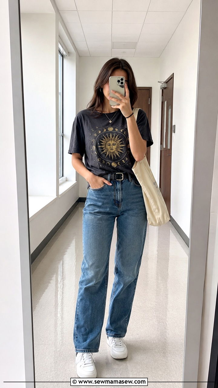 Straight Leg Jeans With A Graphic Tee And Classic White Sneakers - 30 school outfits Pinterest