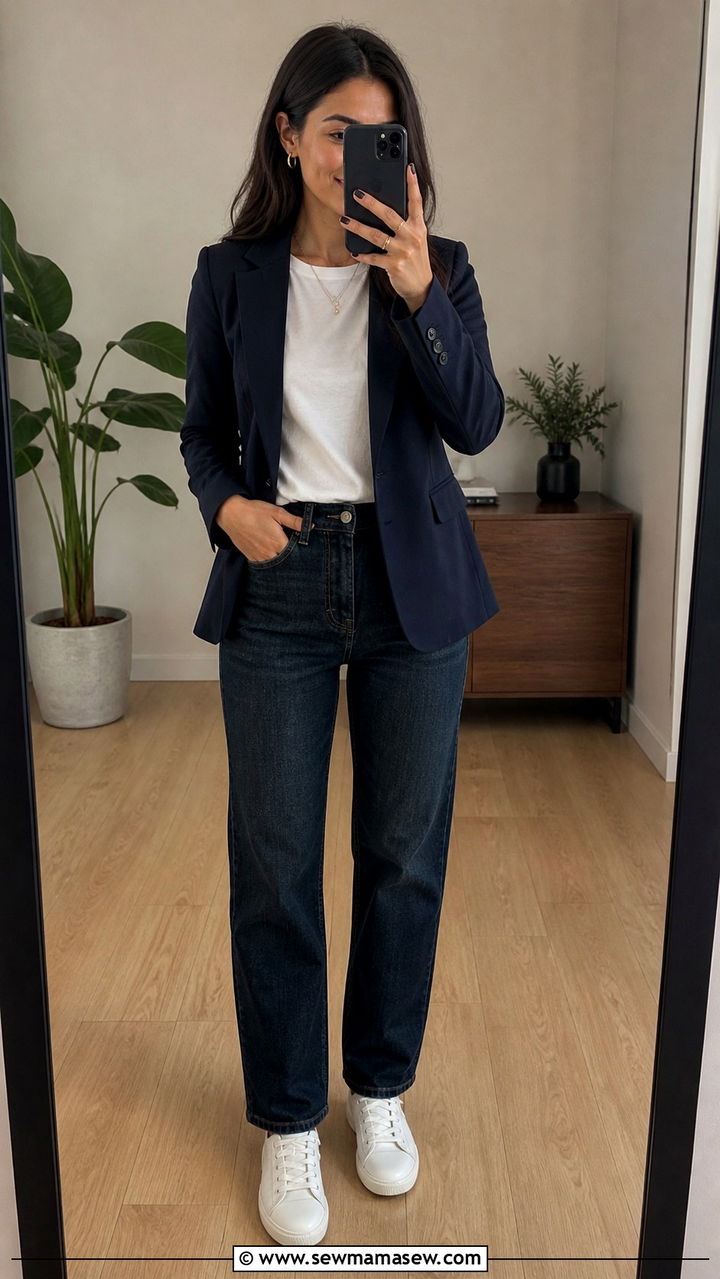 Straight Leg Jeans With Blazer And White Tee - 40 casual work outfits