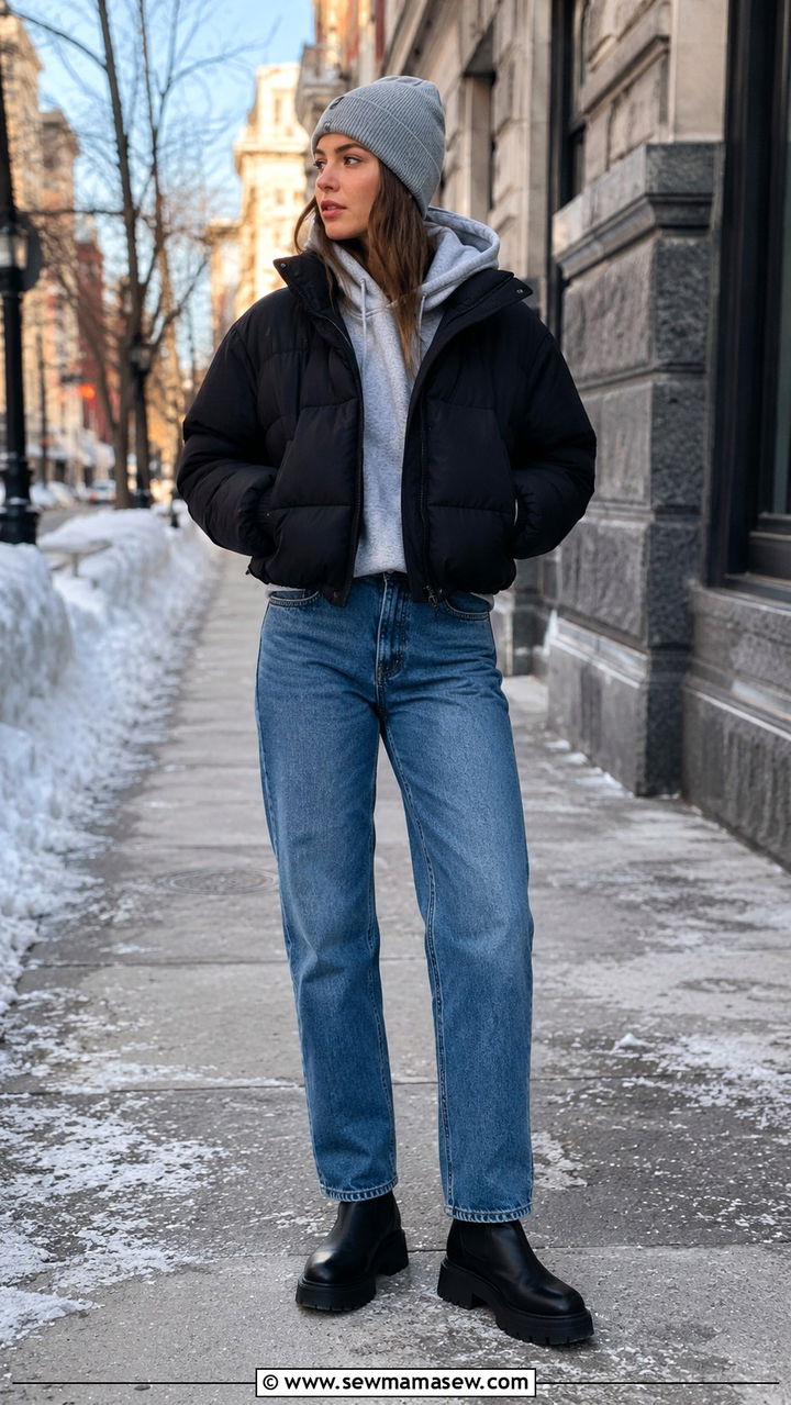 Straight Leg Jeans With Chunky Chelsea Boots And Puffer Jacket - 30 Straight leg jeans outfit ideas with boots