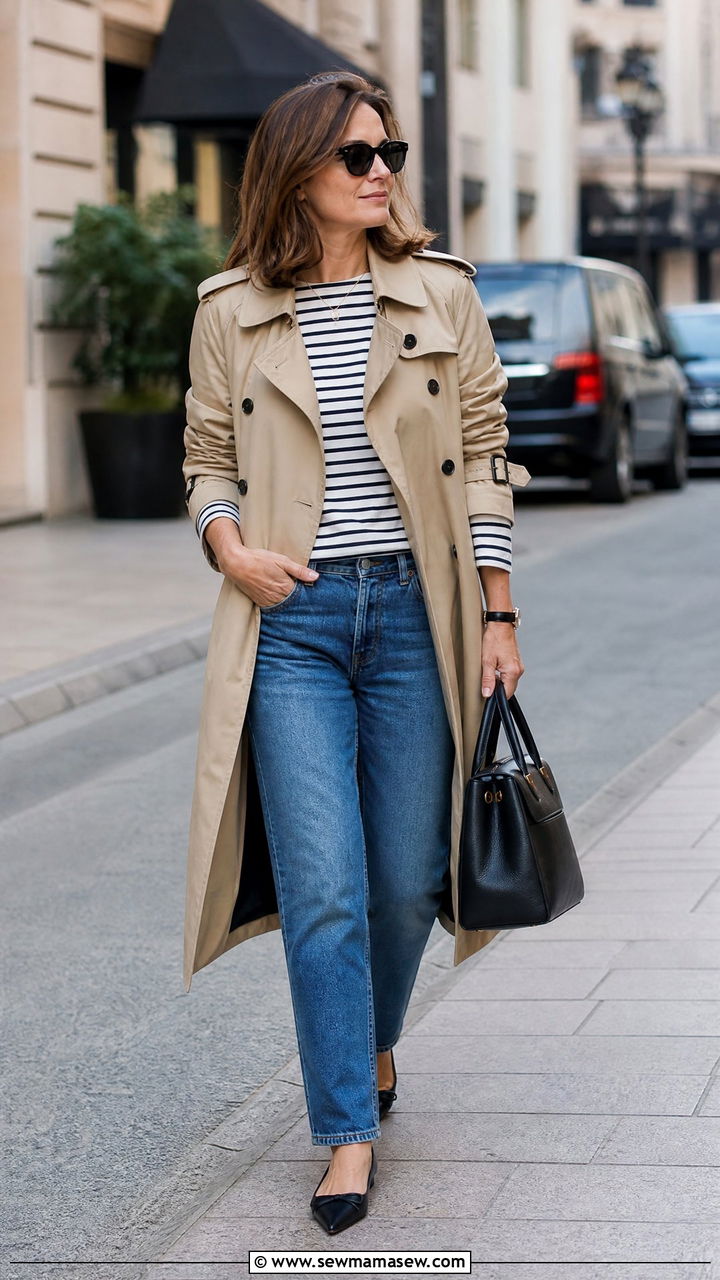 Straight Leg Jeans With Classic Trench Coat - 35 jeans outfits for women over 40