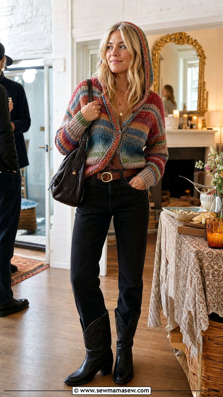 Straight Leg Jeans With Colorful Hooded Cardigan And Cowboy Boots - 25 Sienna Miller boho outfit ideas