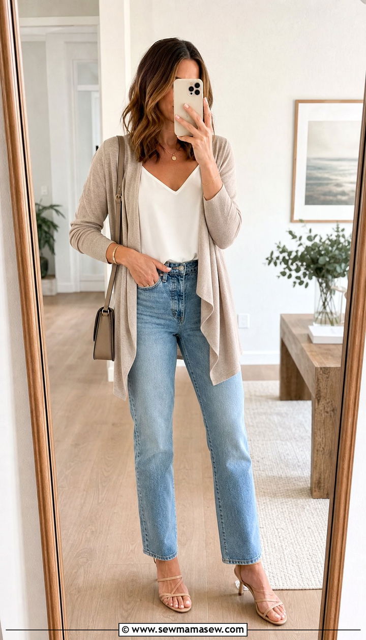 Straight Leg Jeans With Draped Cardigan - 25 Summer outfits for inverted triangle shape