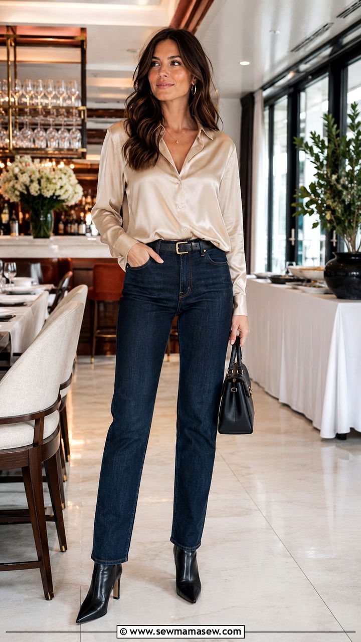 Straight Leg Jeans With Heeled Ankle Boots And Silk Blouse - 30 Straight leg jeans outfit ideas with boots