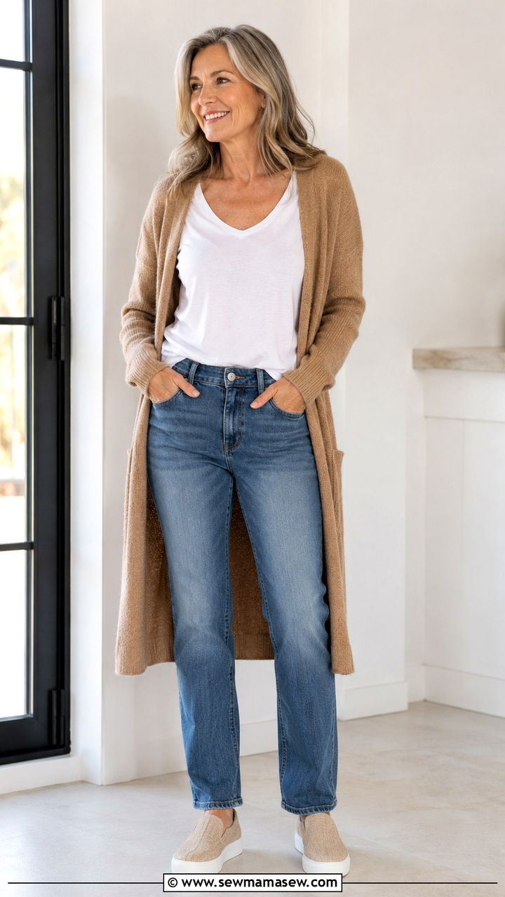 Straight Leg Jeans With Long Open Cardigan - 20 Outfit ideas for apple shape over 50