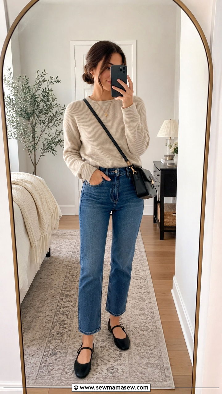 Straight Leg Jeans With Mary Jane Flats - 25 Petite jeans outfit ideas with flats