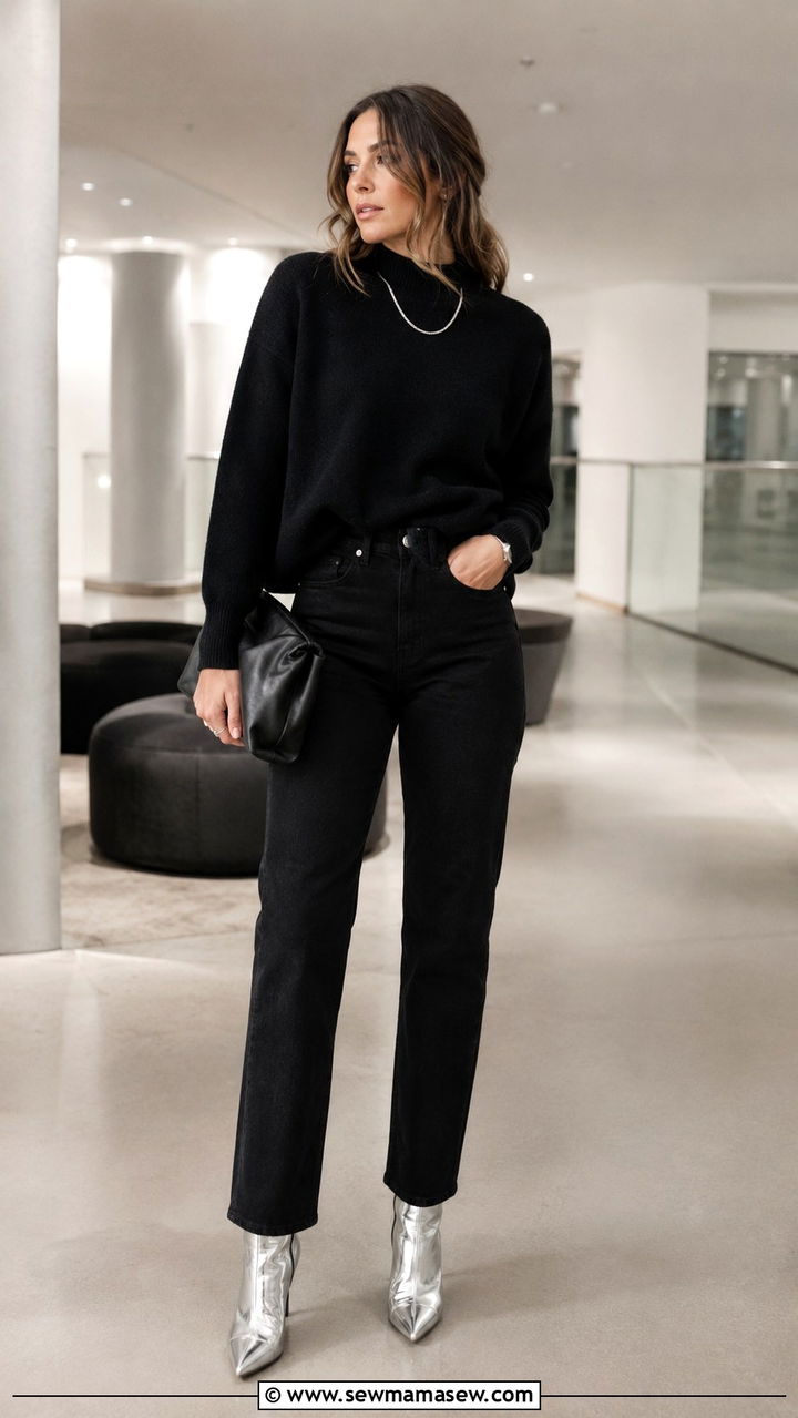 Straight Leg Jeans With Metallic Boots And Monochrome Look - 30 Straight leg jeans outfit ideas with boots