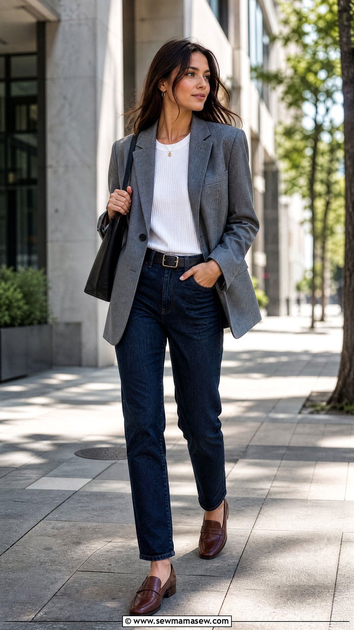 Straight Leg Jeans With Oversized Blazer And Brown Loafers - 25 Business casual outfits with loafers
