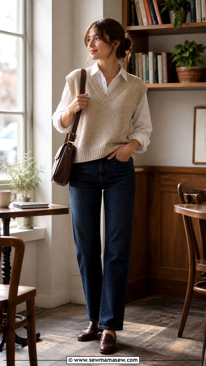 Straight Leg Jeans With Oxford Shirt And V Neck Sweater Vest - 40 spring jeans outfit ideas