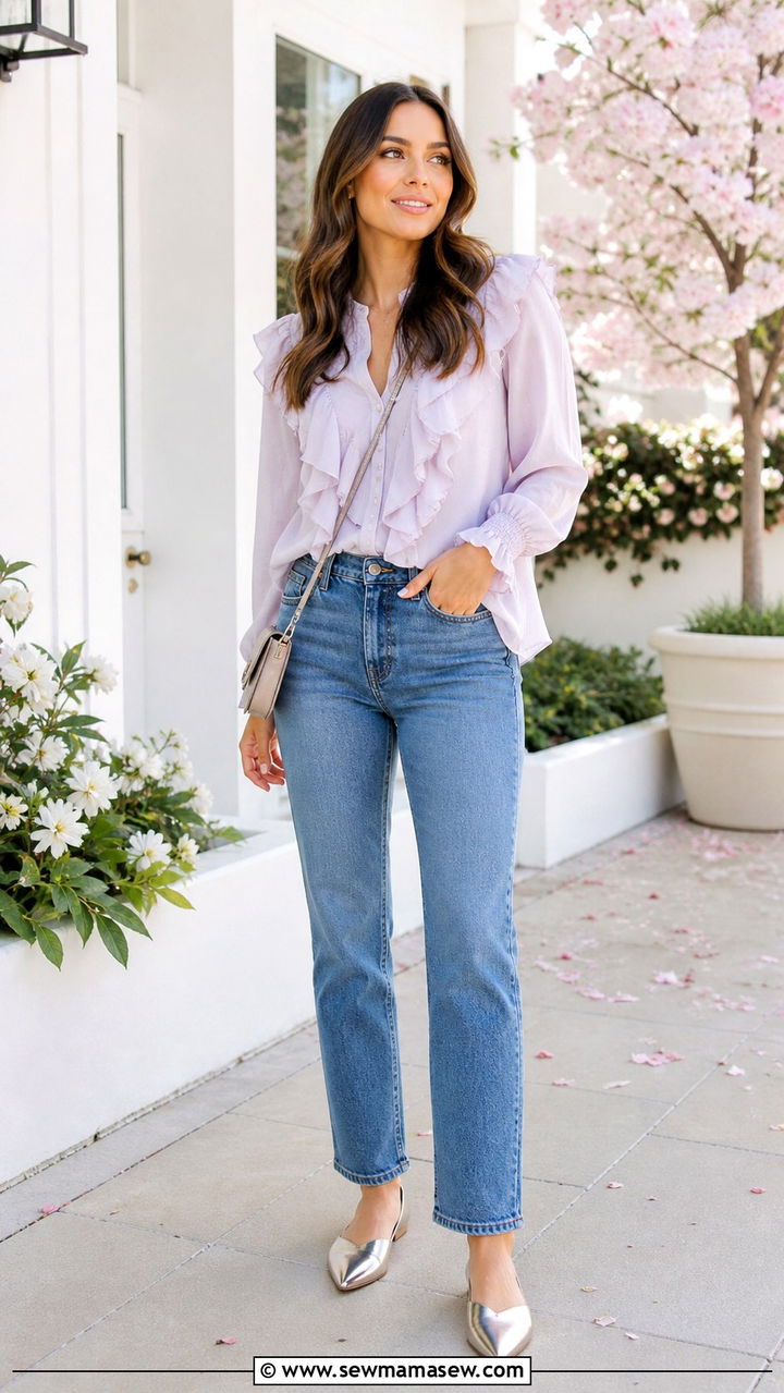 Straight Leg Jeans With Ruffle Blouse And Pointed Toe Flats - 40 spring jeans outfit ideas