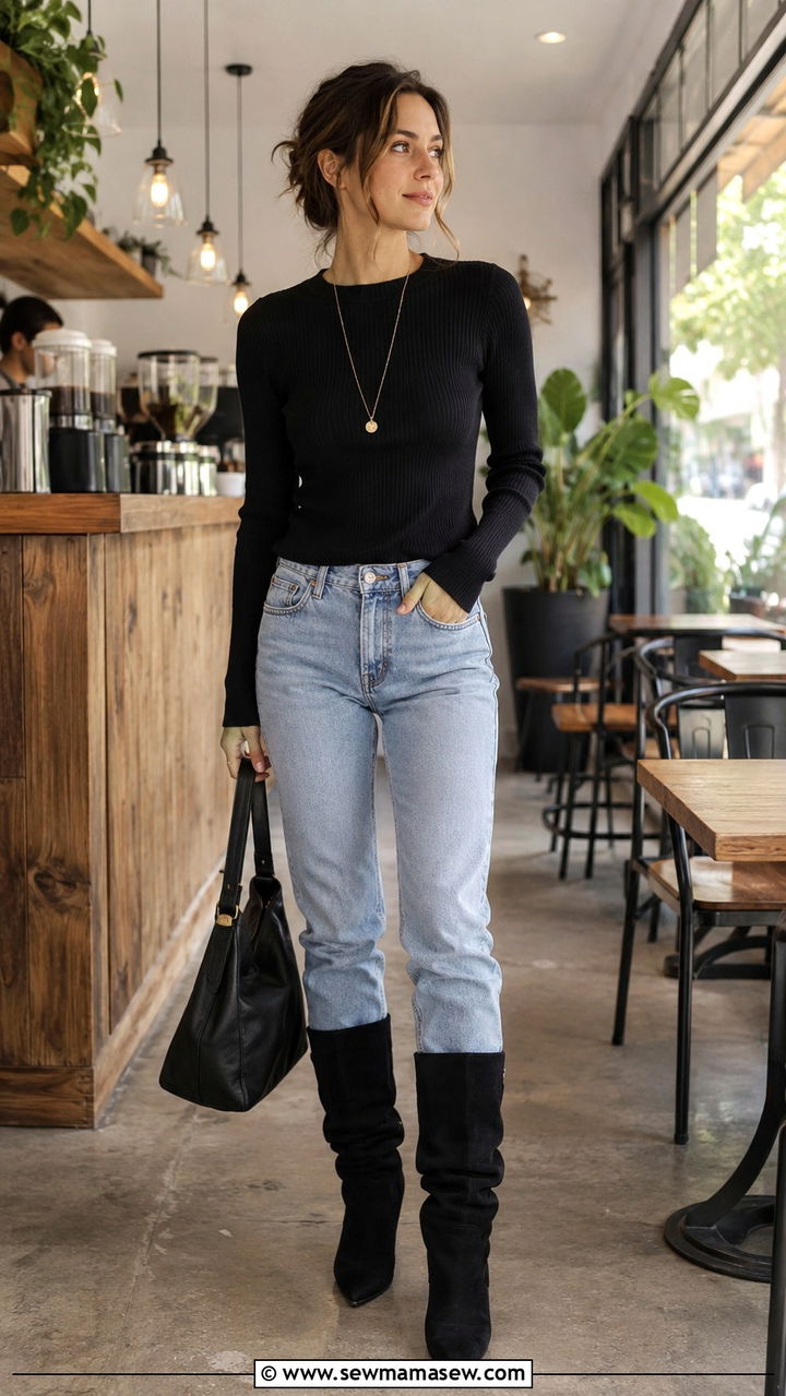 Straight Leg Jeans With Slouchy Boots And Fitted Knit - 30 Straight leg jeans outfit ideas with boots