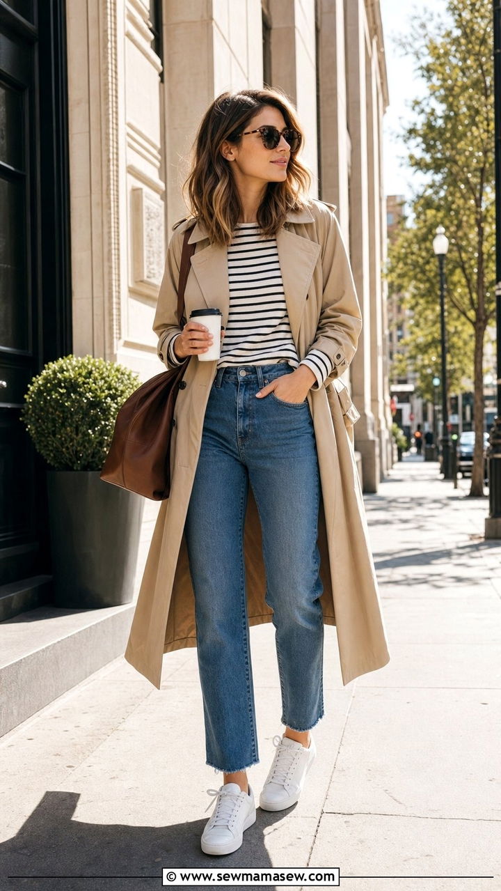 Straight Leg Jeans With Striped Tee And Trench Coat - 35 casual errands outfits