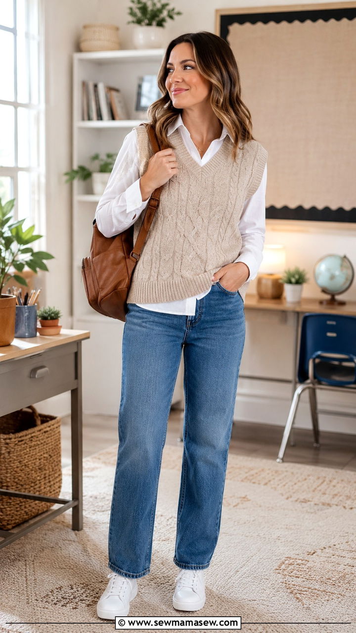 Straight Leg Jeans With Sweater Vest And Sneakers - 30 Teacher outfits with jeans