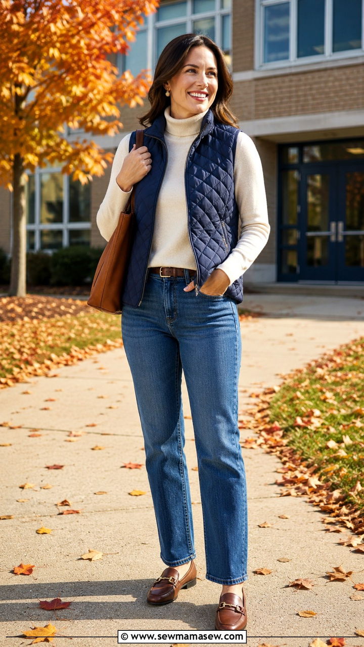 Straight Leg Jeans With Tissue Turtleneck And Quilted Vest - 30 Teacher outfits with jeans