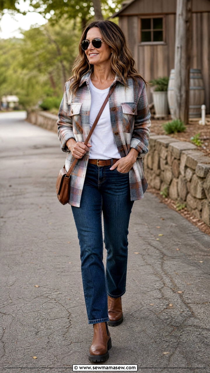 Straight Leg Jeans With Utility Shacket And Ankle Boots - 35 jeans outfits for women over 40
