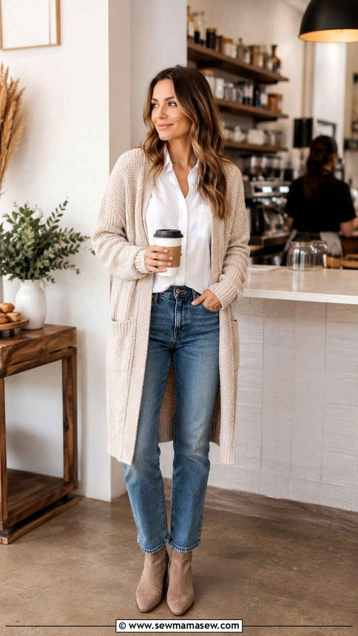 Straight Leg Jeans With White Button Down Long Cardigan And Ankle Boots - 30 Straight leg jeans outfit ideas with a button down