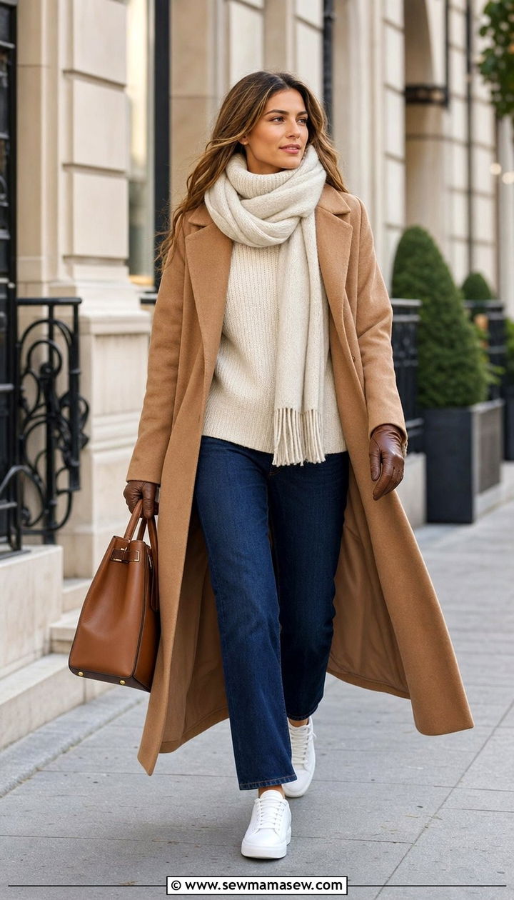 Straight Leg Jeans With White Sneakers And Long Wool Coat - 25 Straight leg jeans outfit ideas with white sneakers