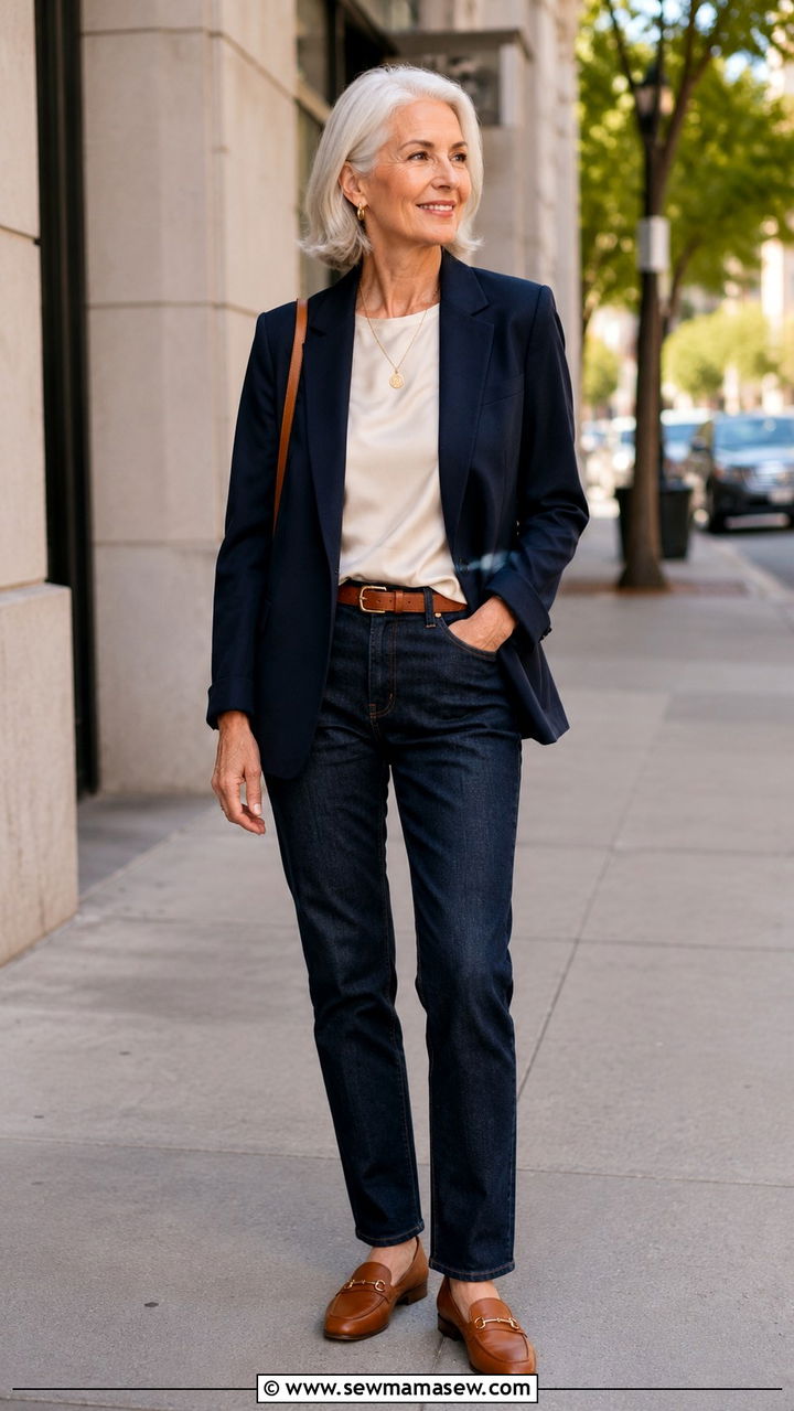 Straight Leg Jeans With a Navy Blazer - 30 Trendy outfit ideas for women over 60
