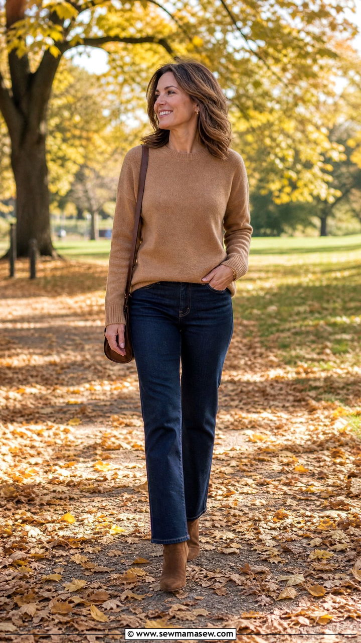 Straight Leg Jeans and Cashmere Sweater With Heeled Ankle Boots - 35 Jeans and heels outfit ideas over 40