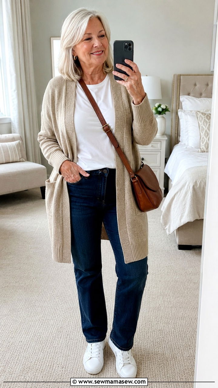 Straight Leg Jeans and Long Cardigan Outfit - 25 Plus size outfit ideas for women over 70