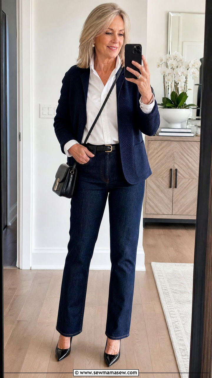 Straight Leg Jeans and Pointed Toe Pumps Outfit - 35 Jeans and heels outfit ideas over 50
