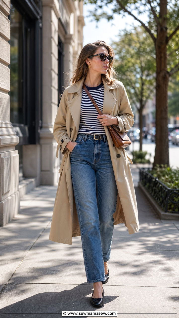Straight Leg Jeans and Striped Tee with Trench Coat - 35 errand outfit ideas for women