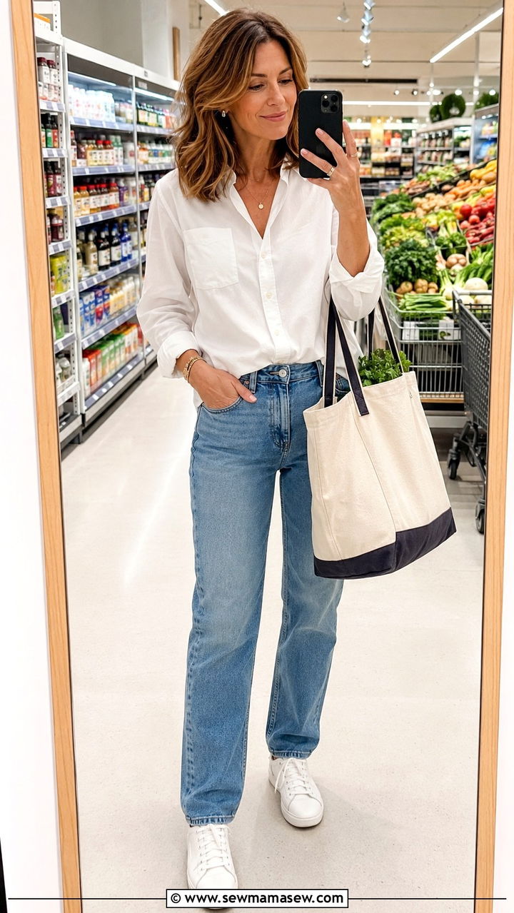 Straight Leg Jeans and White Button Down With Sneakers - 25 Outfit ideas for women over 40 grocery store