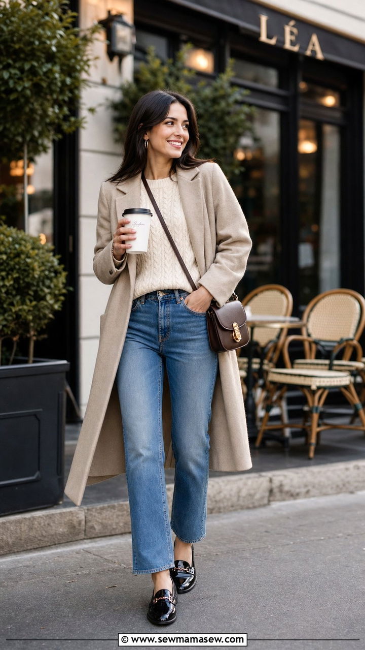 Straight Leg Jeans with Cable Knit Sweater and Rain Loafers - 25 Drizzle outfit ideas