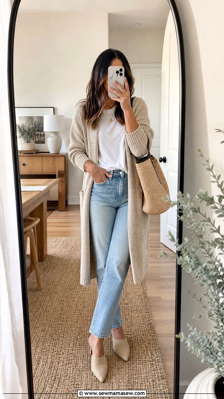 Straight Leg Jeans with Cardigan and Mules - 35 How to style straight leg jeans