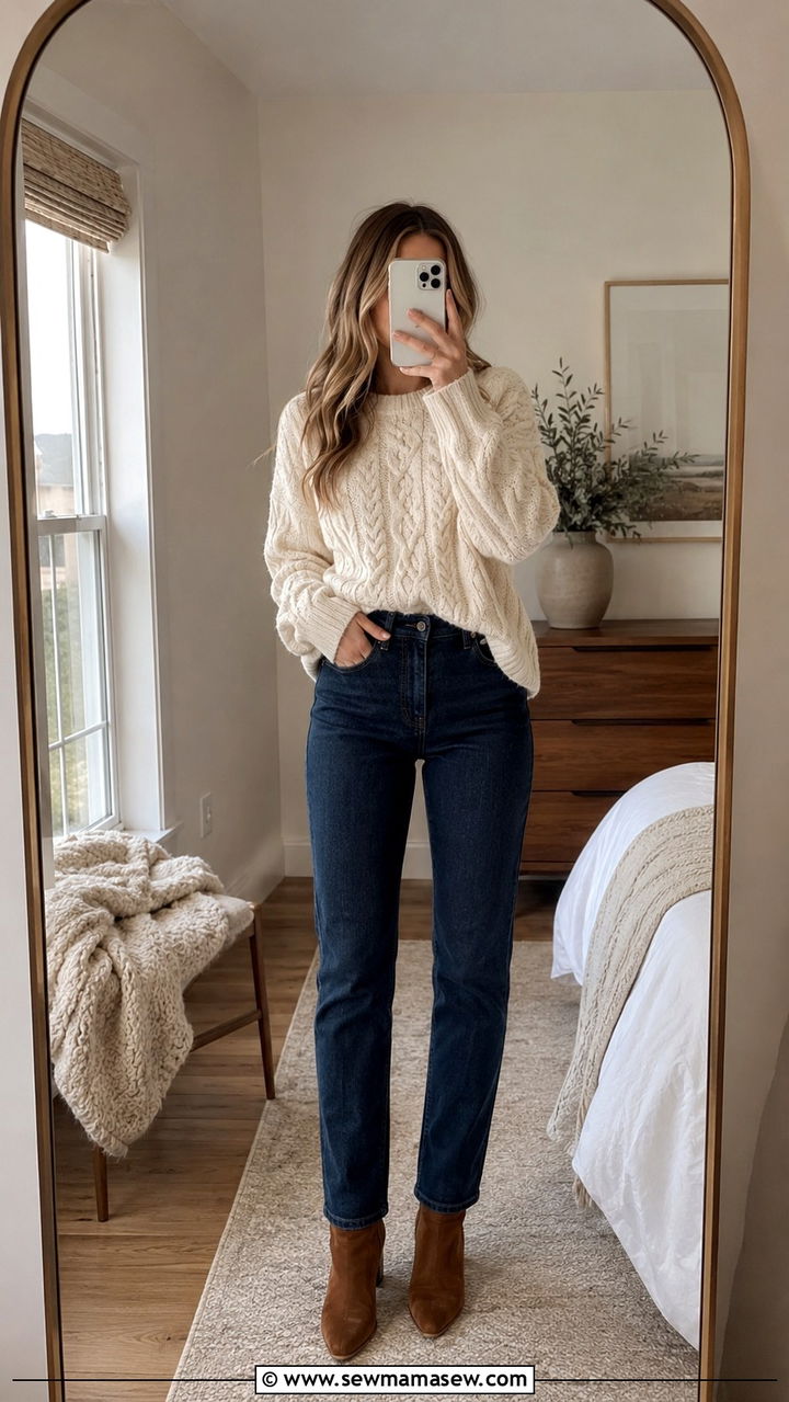 Straight Leg Jeans with Heeled Ankle Boots and Chunky Sweater - 30 Straight leg jeans outfit ideas with heels