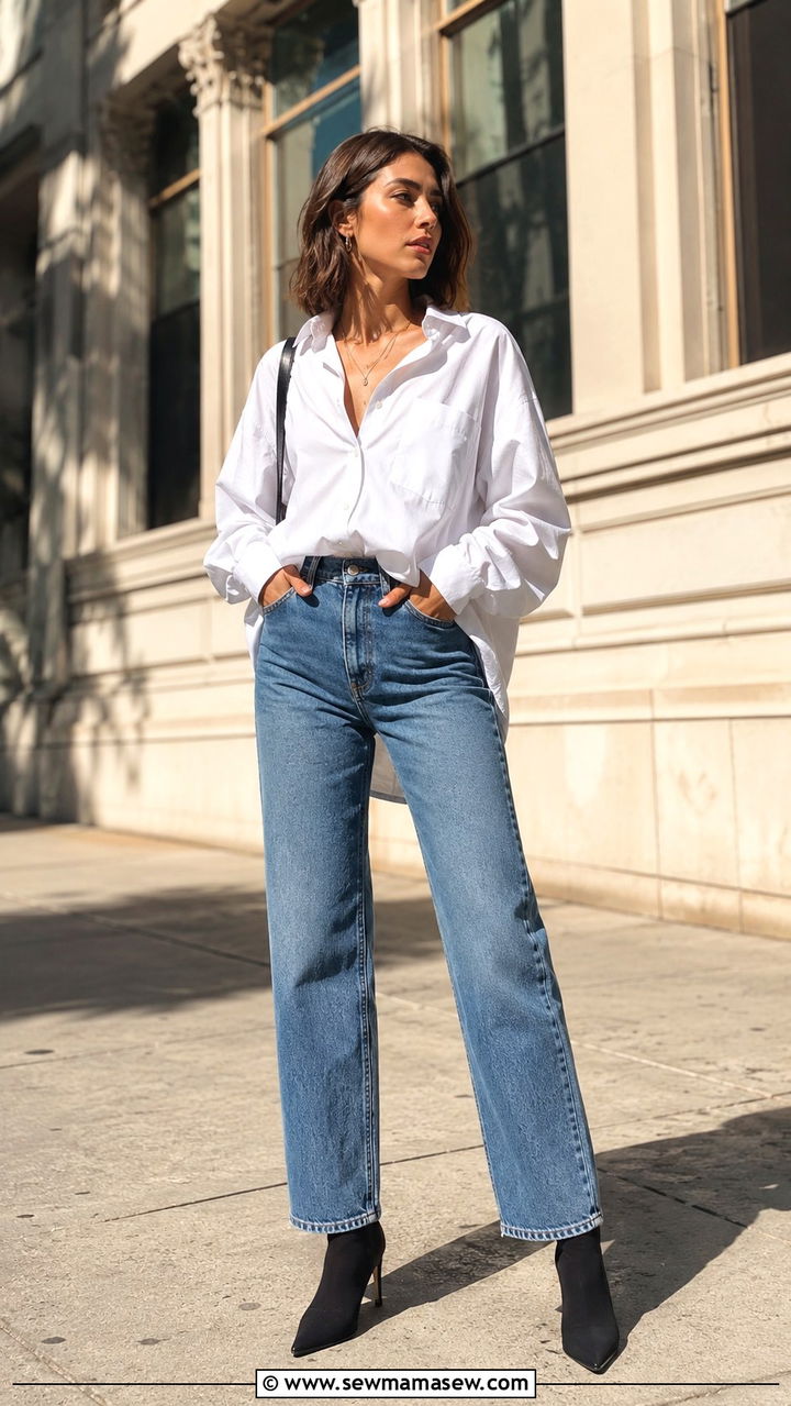 Straight Leg Jeans with Heeled Chelsea Boots and Long Coat - 30 Straight leg jeans outfit ideas with heels