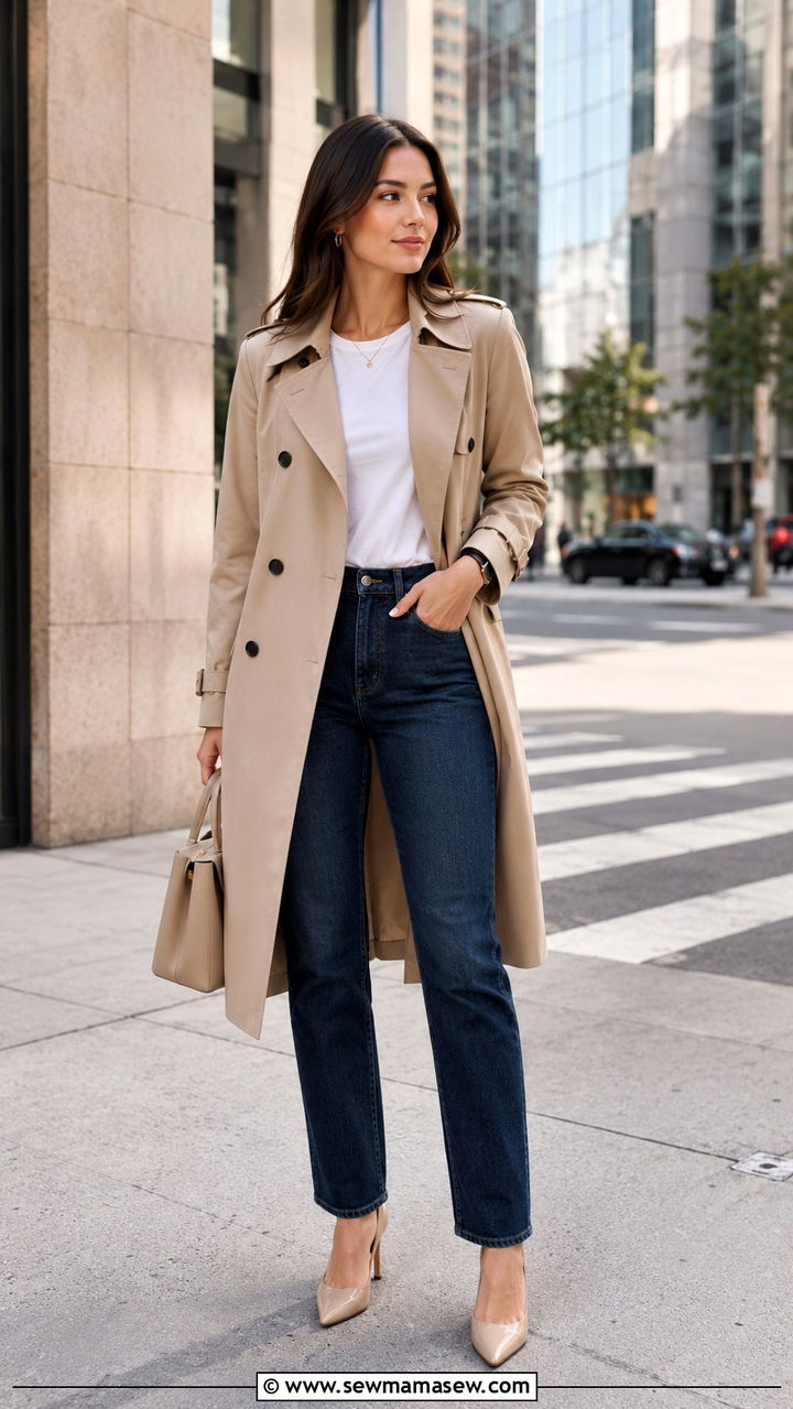 Straight Leg Jeans with Nude Pumps and Trench Coat - 30 Straight leg jeans outfit ideas with heels