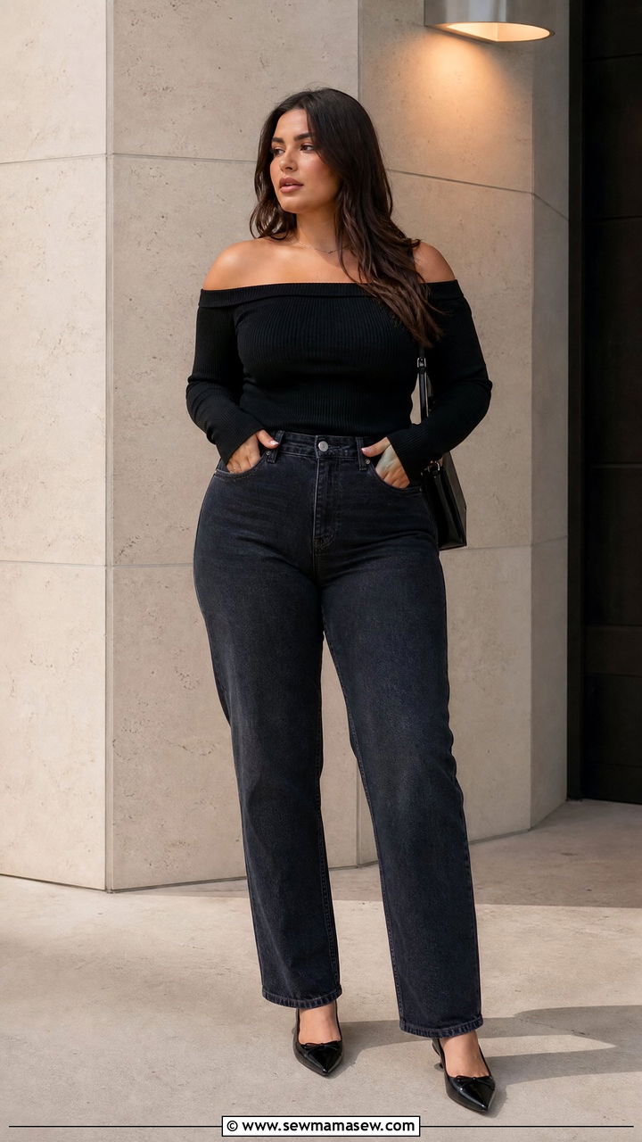 Straight Leg Jeans with Off Shoulder Top for Wide Hips - 25 casual outfits for women with wide hips
