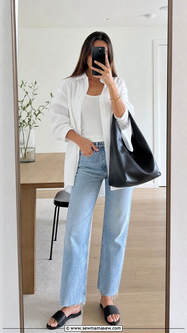 Straight Leg Jeans with Oversized Shirt and Minimalist Sandals - 35 How to style straight leg jeans