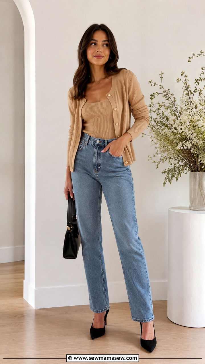 Straight Leg Jeans with Pointed Toe Nude Heels and Peplum Top - 30 Straight leg jeans outfit ideas with heels