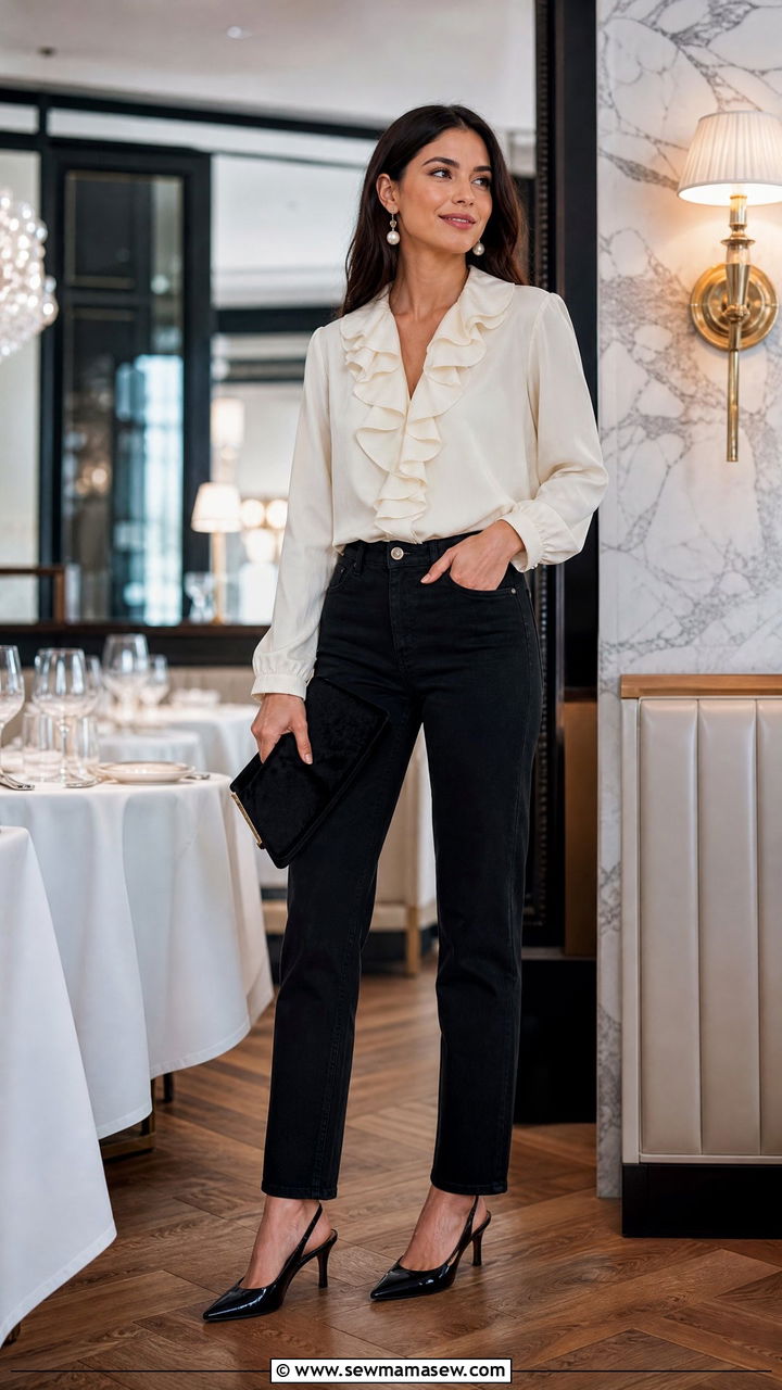 Straight Leg Jeans with Ruffle Blouse and Slingback Heels - 35 How to style straight leg jeans