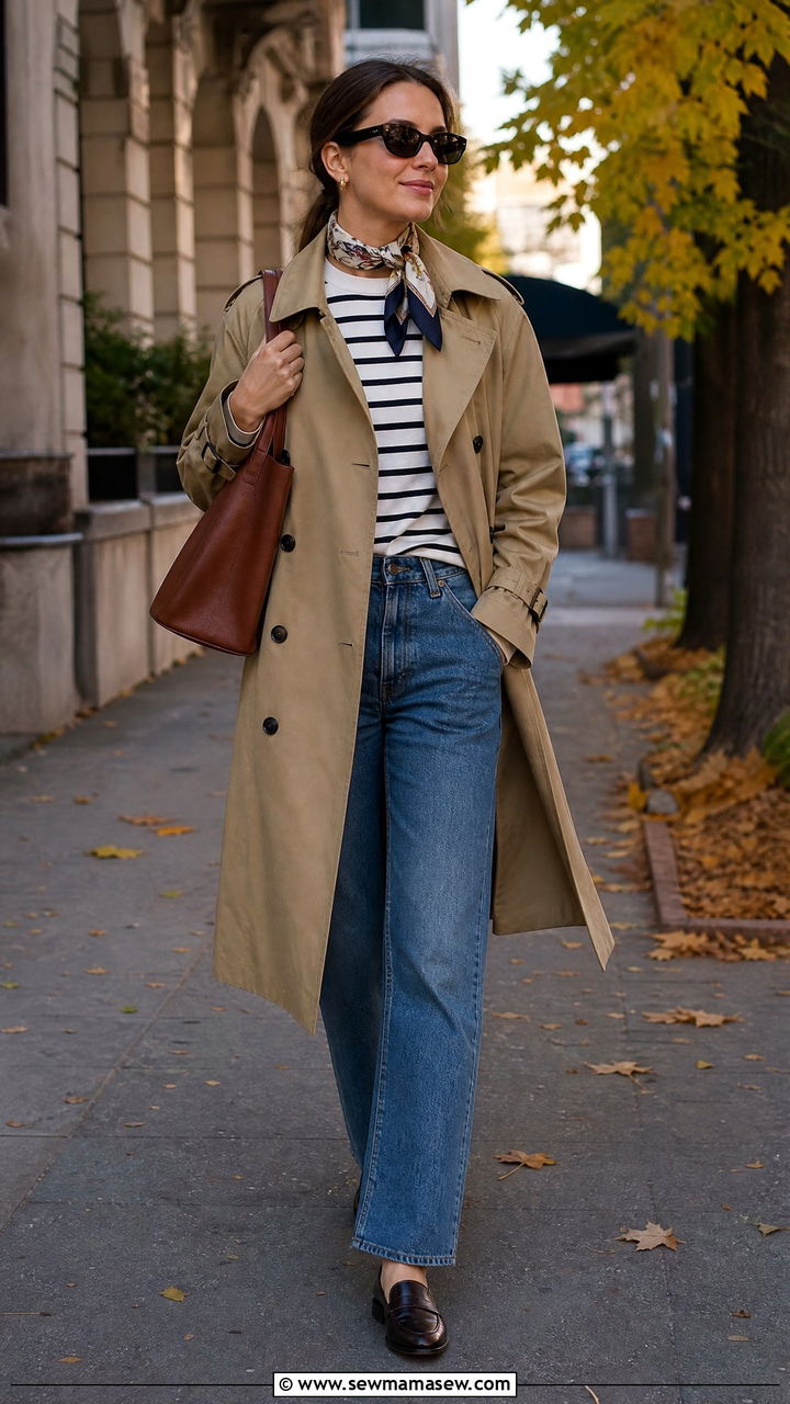 Straight Leg Jeans with Trench Coat - 35 jeans outfits ideas