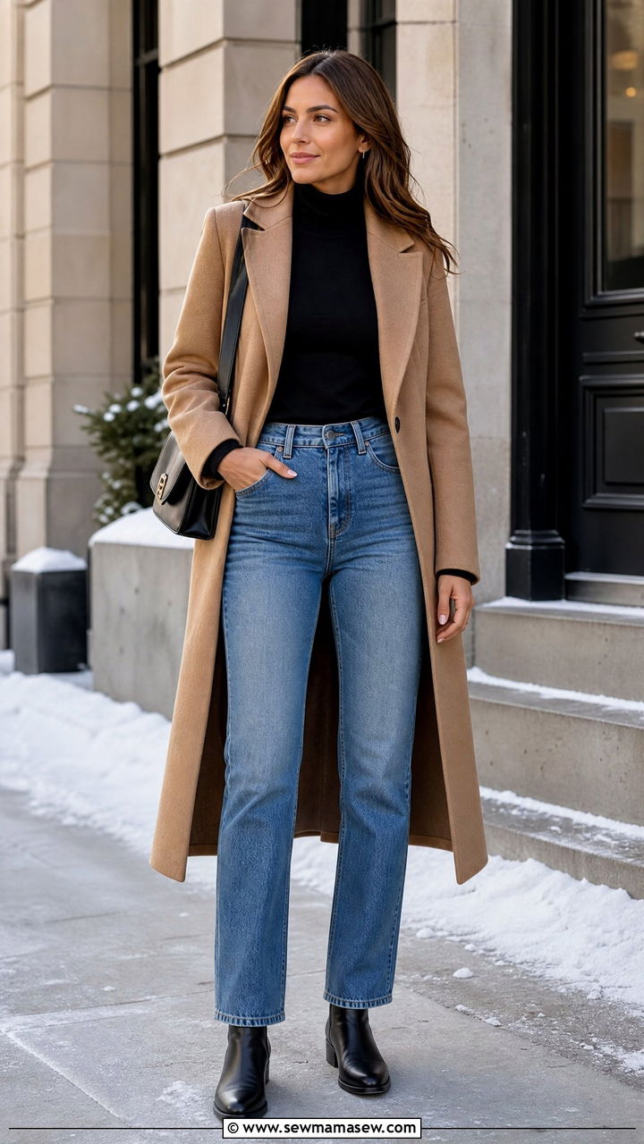 Straight Leg Jeans with Turtleneck and Wool Coat - 35 How to style straight leg jeans