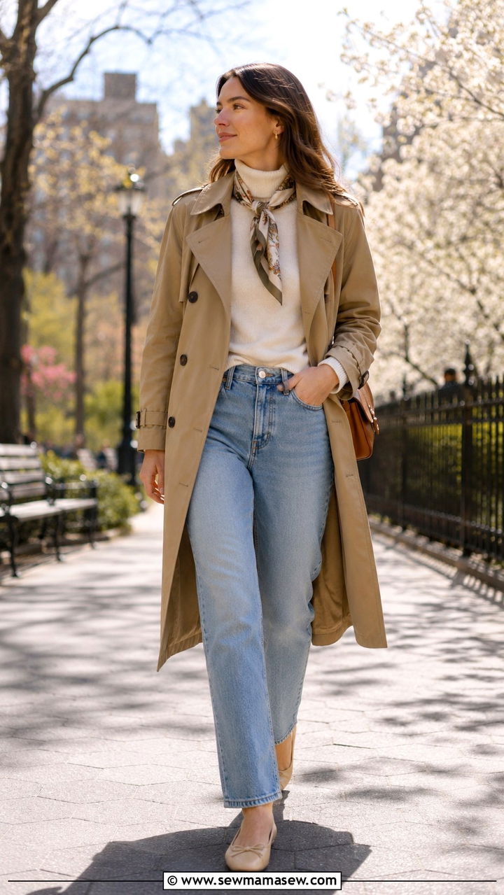 Straight Leg Jeans with a Classic Trench Coat - 30 transitional jeans outfit ideas